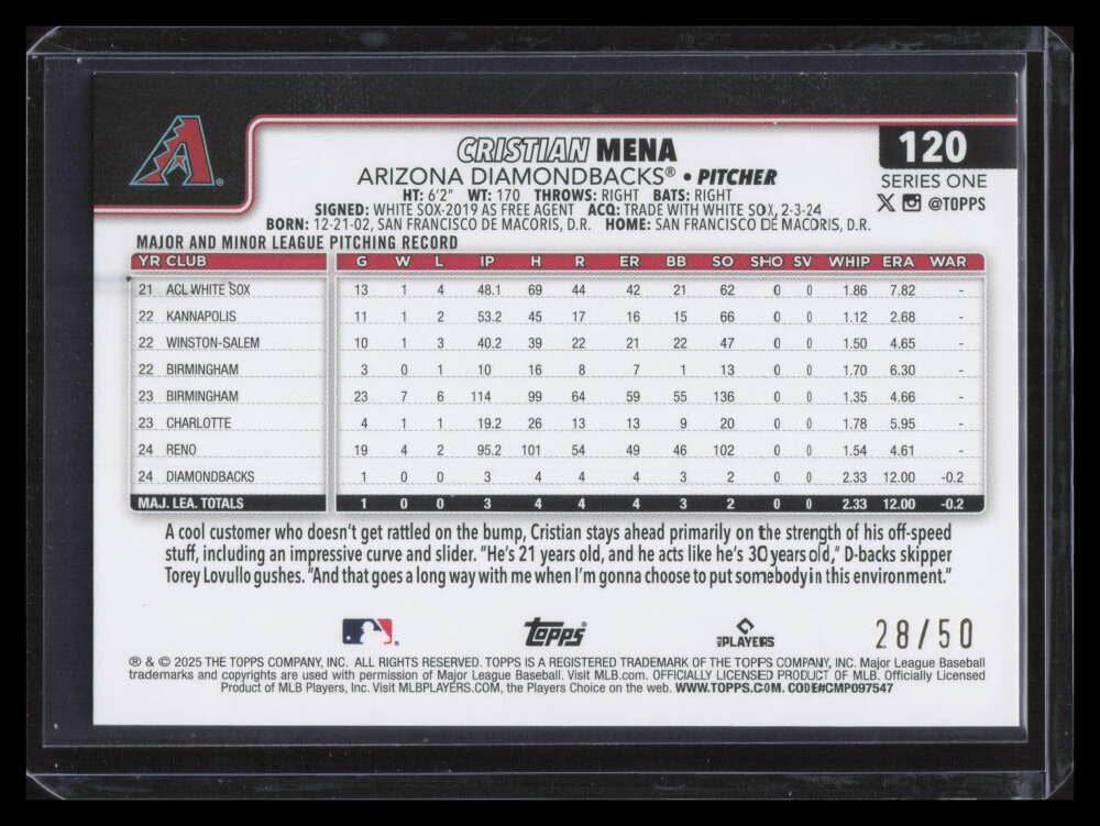 2025 Topps Gold Holo Foil 120 Cristian Mena Rookie 28/50