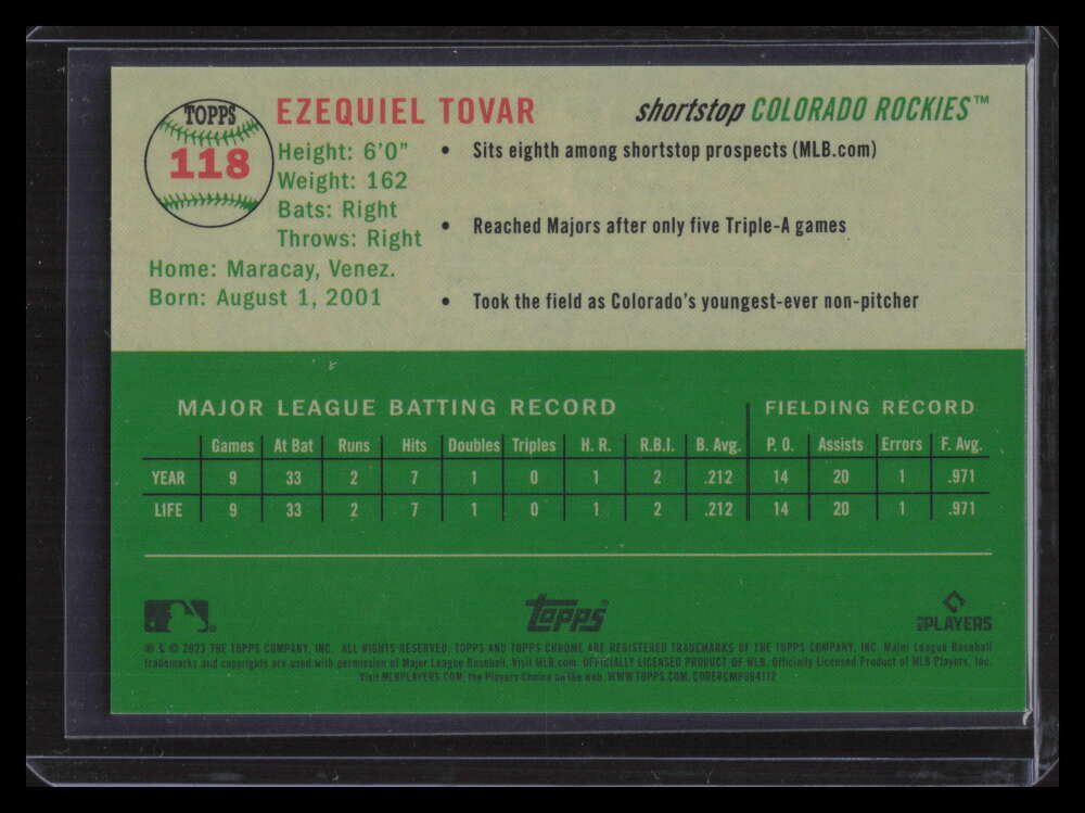 2023 Topps Chrome Platinum Gold Refractor 118 Ezequiel Tovar Rookie 16/50