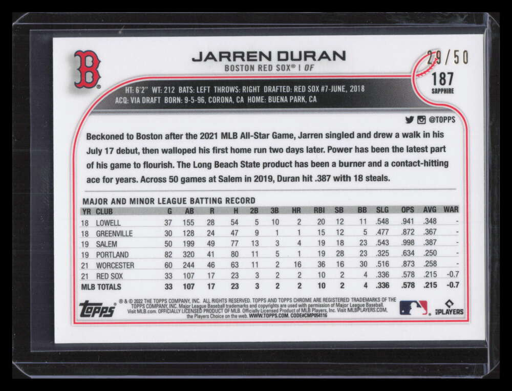 SOLD 160339 2022 Topps Chrome Sapphire Gold Refractor 187 Jarren Duran Rookie 29/50