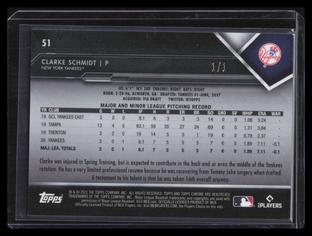 2021 Topps Chrome Black Superfractor 51 Clarke Schmidt Rookie 1/1