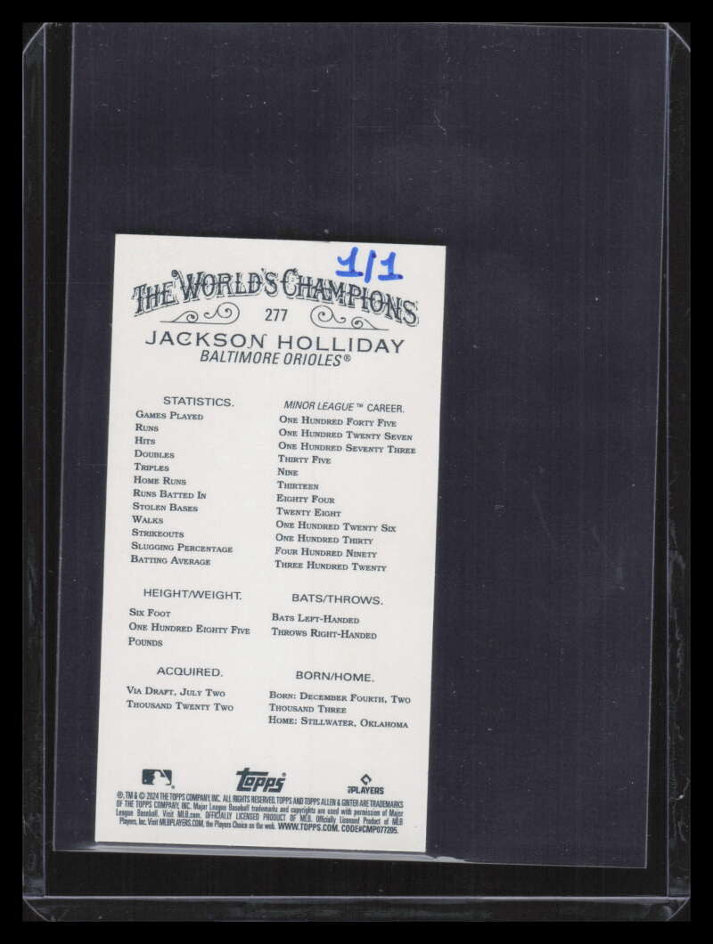 2024 Topps Allen and Ginter Mini Wood 277 Jackson Holliday Rookie 1/1