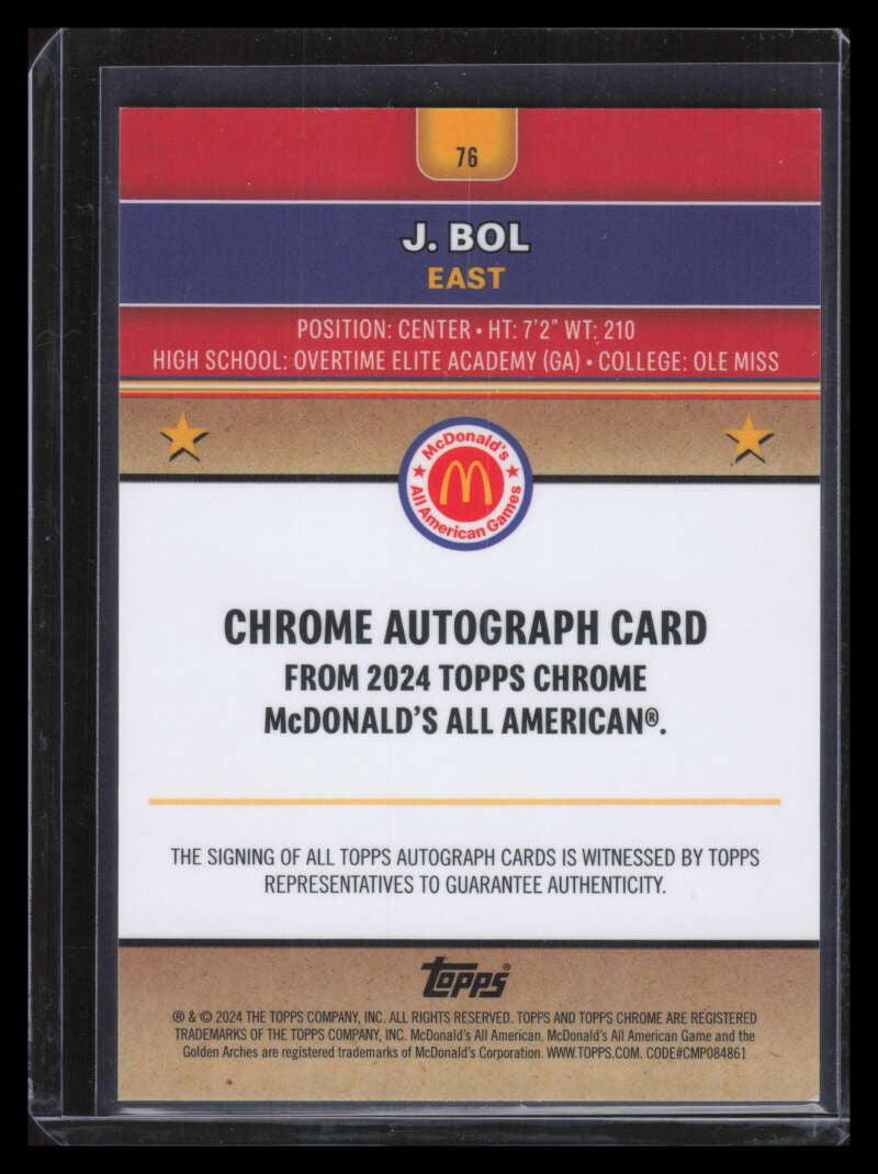 2024 Topps Chrome McDonald's All American Logo Refractor 76 J. Bol RC Auto 13/75