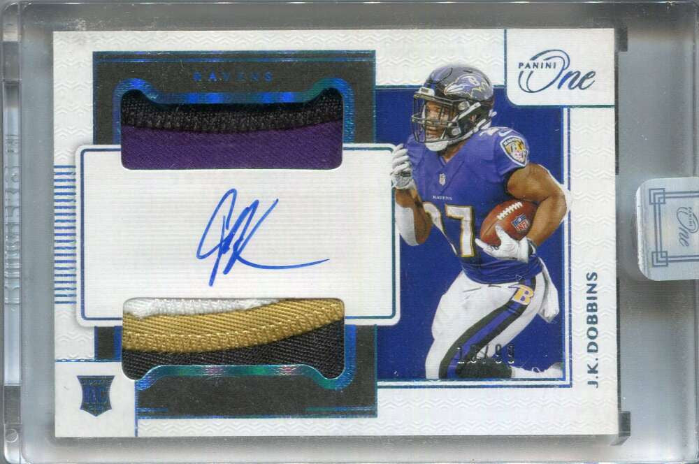 SOLD 160526 2020 Panini One Blue 42 J. K. Dobbins Rookie Dual Patch Auto 18/99