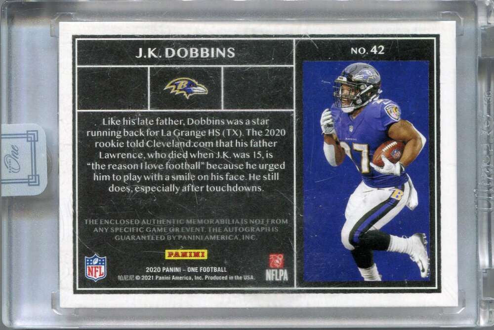 SOLD 160526 2020 Panini One Blue 42 J. K. Dobbins Rookie Dual Patch Auto 18/99