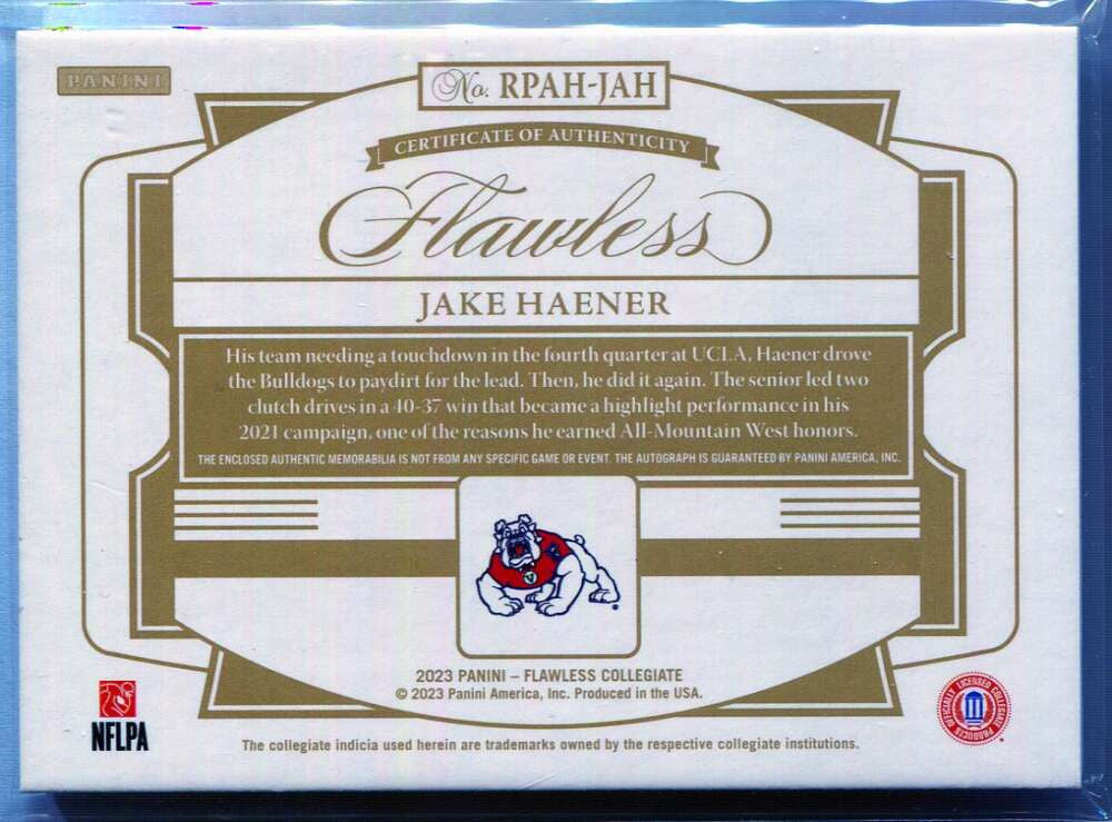 2023 Panini Flawless Collegiate Autographs Jake Haener RC Logo Patch Auto 1/1