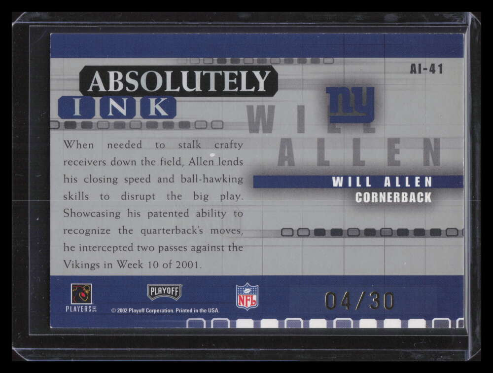 2002 Absolute Memorabilia Absolutely Ink ai41 Will Allen Auto 4/30