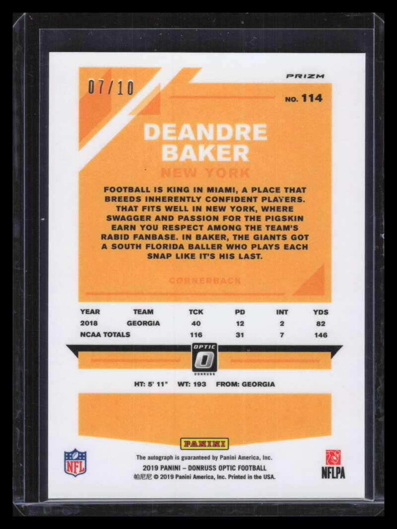 2019 Donruss Optic Rookies Autographs Gold 114 Deandre Baker Rookie Auto 7/10