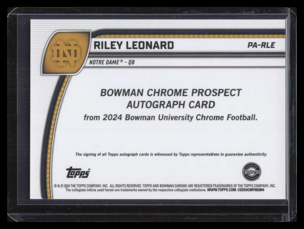 2024 Bowman Chrome U Autographs Fuchsia Refractor Riley Leonard RC Auto 127/150