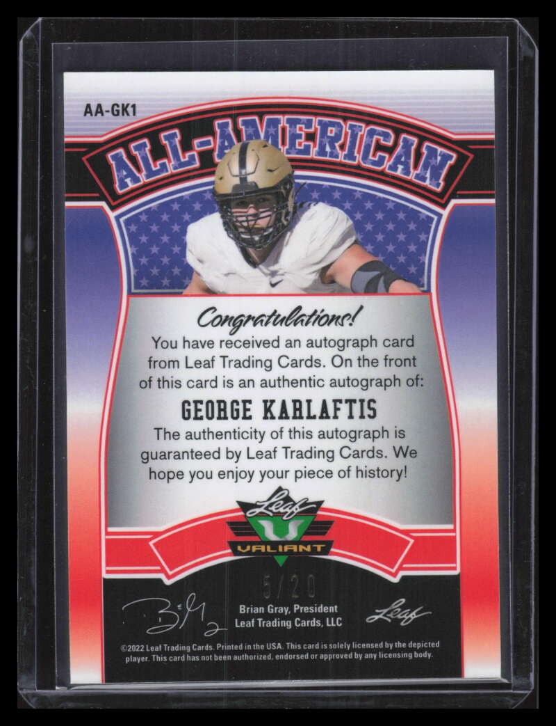 2022 Leaf Valiant All American Crystal Orange George Karlaftis Rookie Auto 5/20