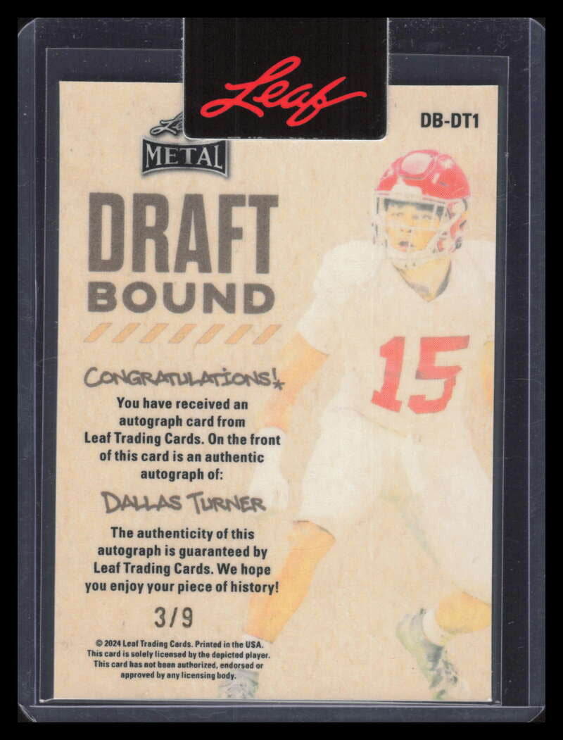 2024 Leaf Metal Draft Bound Autographs Blue dbdt1 Dallas Turner Rookie Auto 3/9