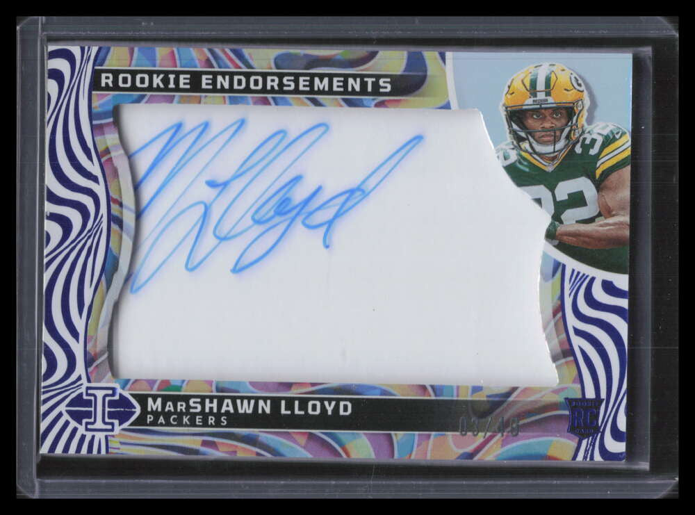 SOLD 160659 2024 Panini Illusions Endorsements Blue 26 MarShawn Lloyd Rookie Auto 3/49