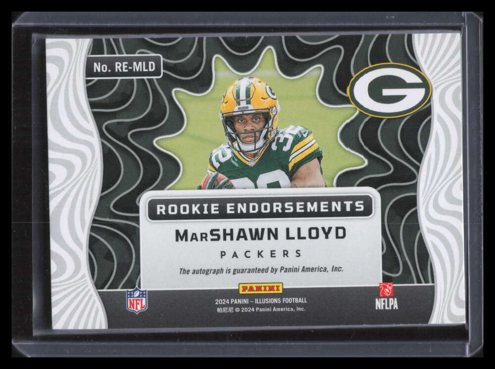 SOLD 160659 2024 Panini Illusions Endorsements Blue 26 MarShawn Lloyd Rookie Auto 3/49