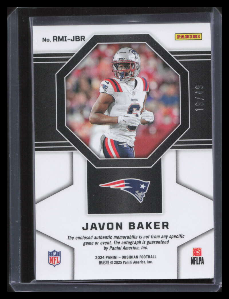 2024 Panini Obsidian Materials Ink Purple Javon Baker Rookie Dual Patch Auto /49