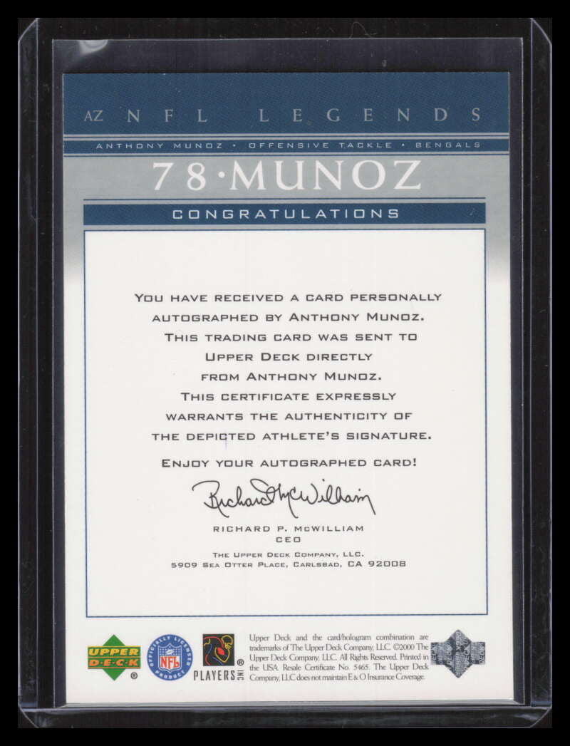 DELETE 160676 2000 Upper Deck Legends Autographs AZ Anthony Munoz Auto