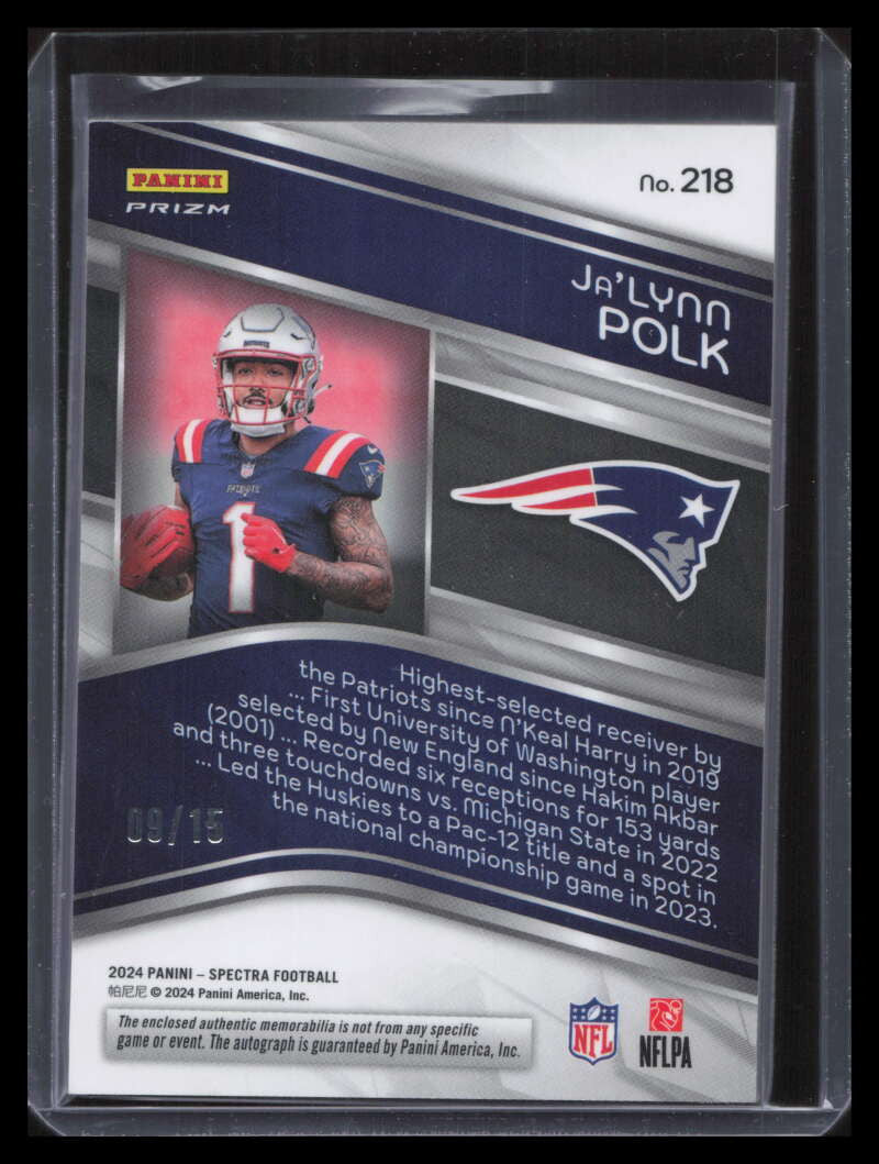 2024 Panini Spectra Neon Orange 218 Ja'Lynn Polk Rookie Patch Auto 9/15