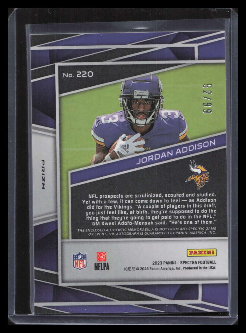 2023 Panini Spectra 220 Jordan Addison Rookie Patch Auto 52/99