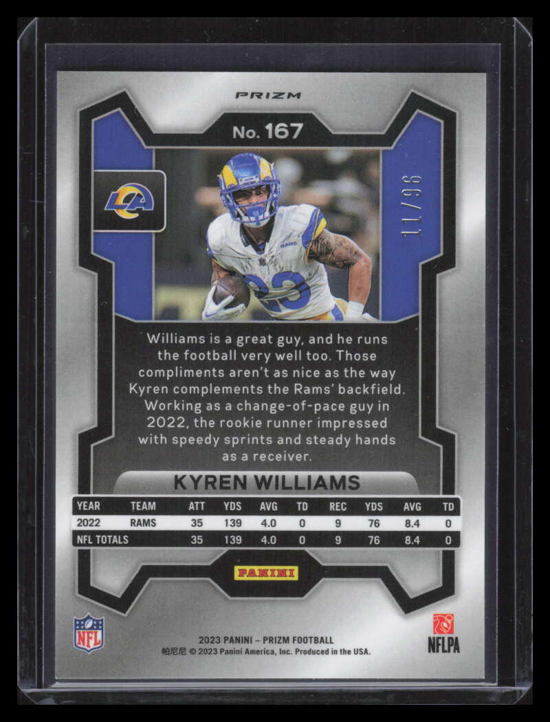 2023 Panini Prizm Prizms Blue Sparkle Refractor 167 Kyren Williams 11/96
