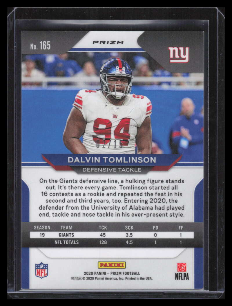2020 Panini Prizm Prizms No Huddle Pink Refractor 165 Dalvin Tomlinson 2/15