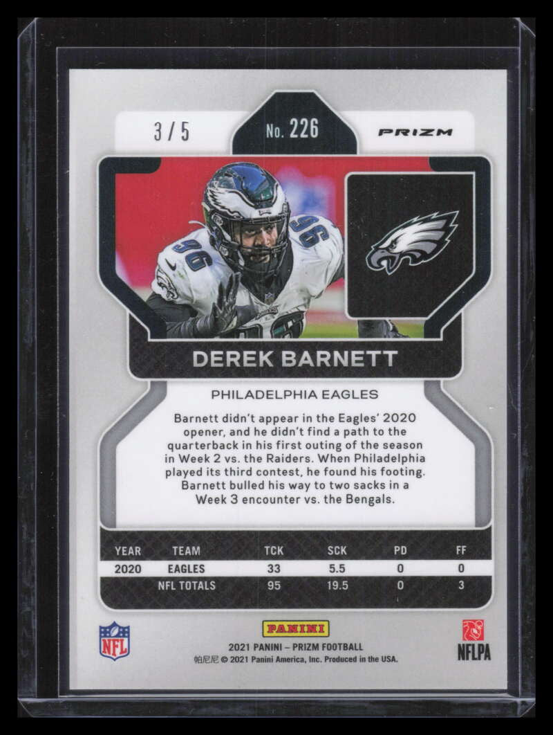 2021 Panini Prizm Prizms No Huddle Neon Green Refractor 226 Derek Barnett 3/5
