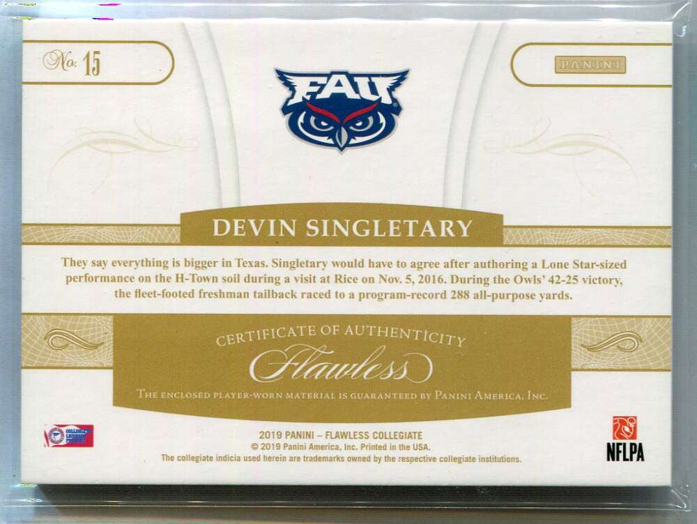 2019 Panini Flawless Collegiate Emerald 15 Devin Singletary Rookie Patch 2/5