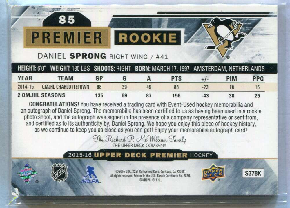 2015-16 Upper Deck Premier 85 Daniel Sprong Rookie Patch Auto 191/375