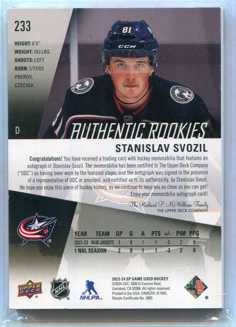 2023-24 SP Game Used Autographs Premium 233 Stanislav Svozil RC Patch Auto 33/49