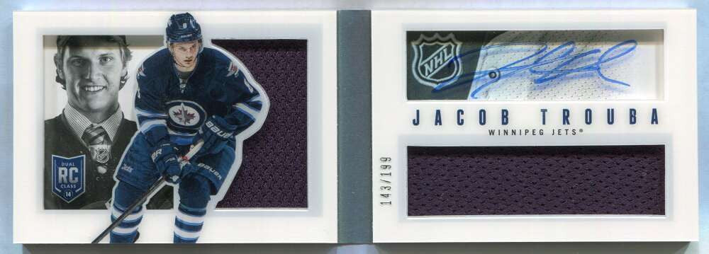 2013-14 Panini Playbook 146 Jacob Trouba Rookie Booklet Dual Jersey Auto 143/199