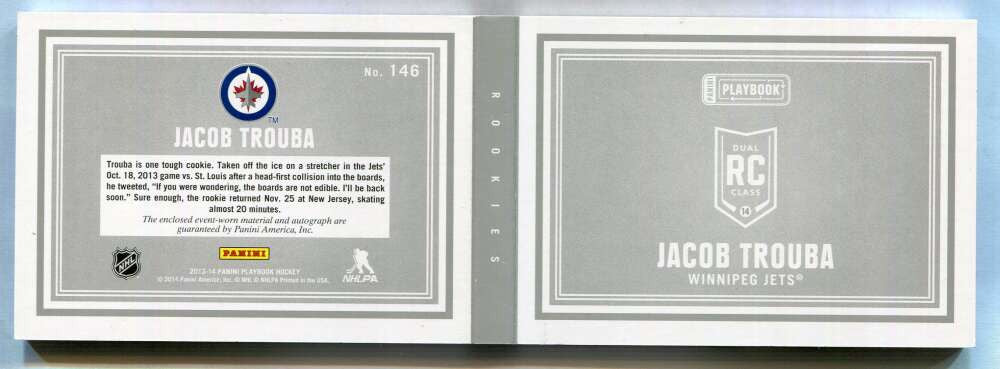 2013-14 Panini Playbook 146 Jacob Trouba Rookie Booklet Dual Jersey Auto 143/199