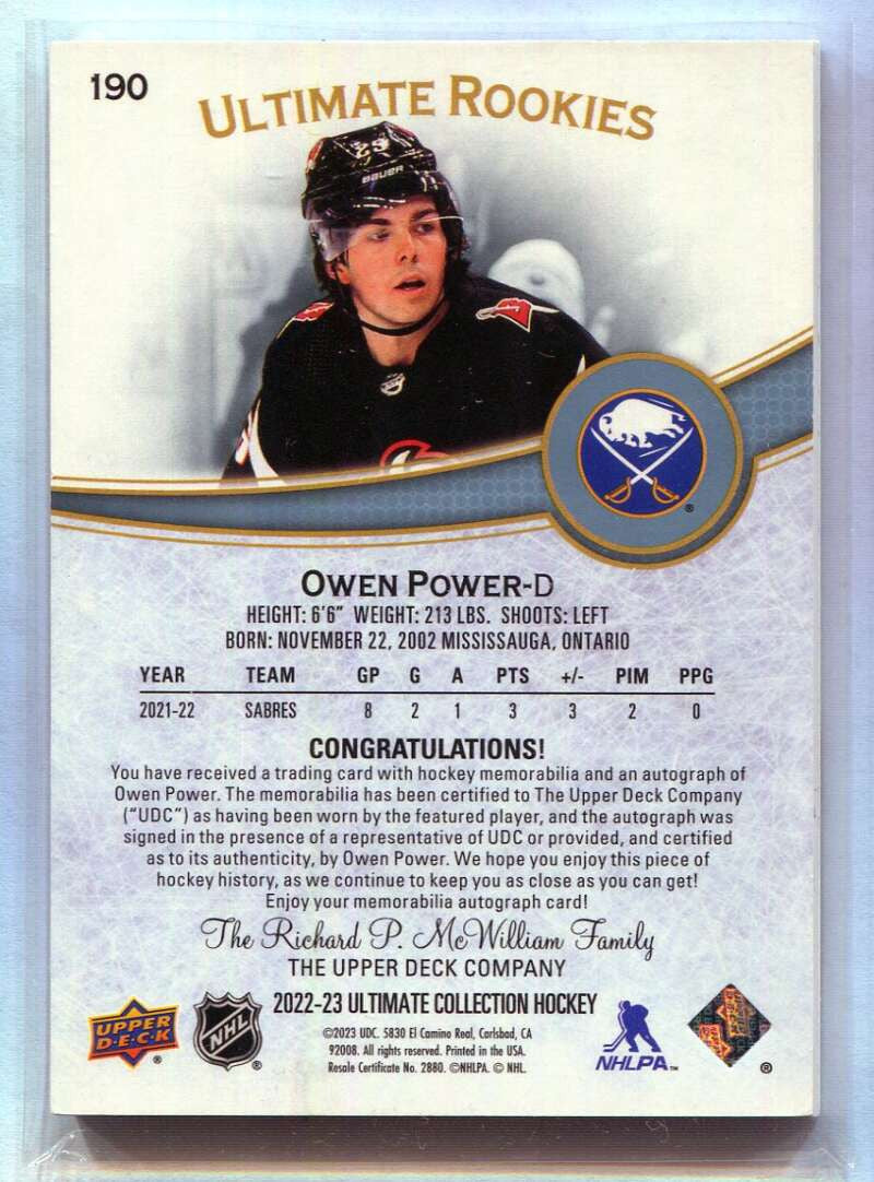 2022-23 Ultimate Collection Autographs 190 Owen Power Rookie Patch Auto 32/49