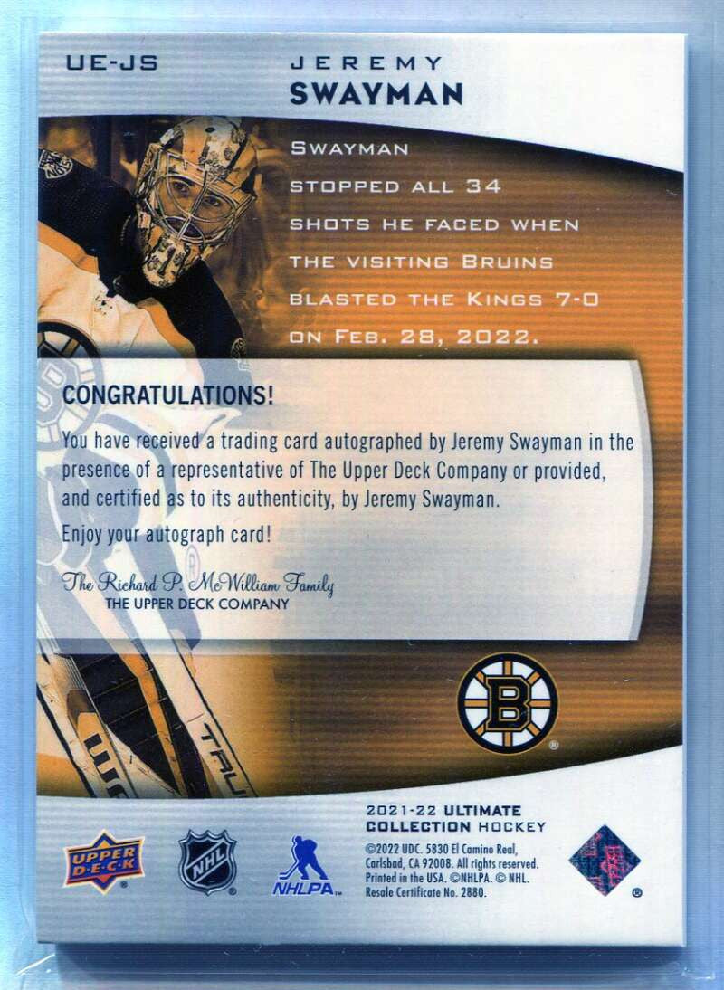 2021-22 Ultimate Collection Emblems Rookie Autographs Jeremy Swayman Rookie Auto