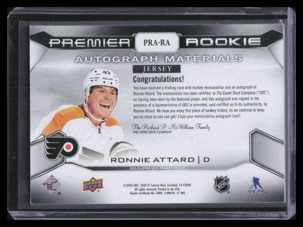 2022-23 UD Premier Autographs PRARA Ronnie Attard Rookie Quad Jersey Auto 92/99
