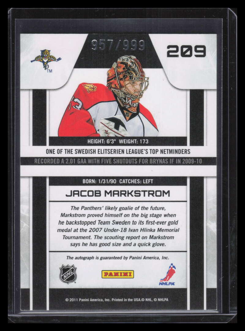 2010-11 Zenith 209 Jacob Markstrom Rookie Auto 957/999