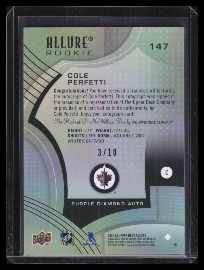 2021-22 UD Allure Autographs Purple Diamond 147 Cole Perfetti Rookie Auto 3/10