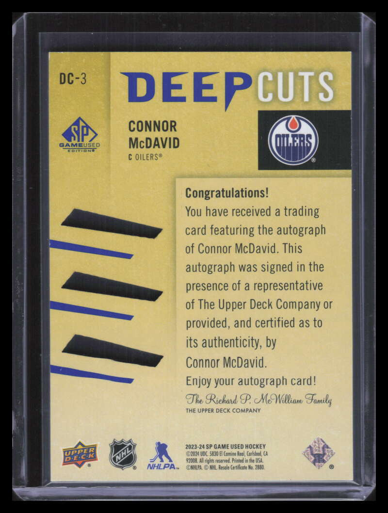 2023-24 SP Game Used Deep Cuts Autographs dc3 Connor McDavid Auto 8/75
