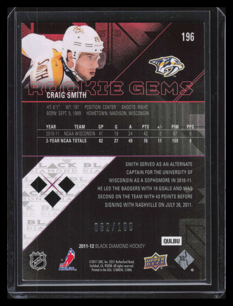 2011-12 Black Diamond Ruby 196 Craig Smith Rookie Gems 62/100