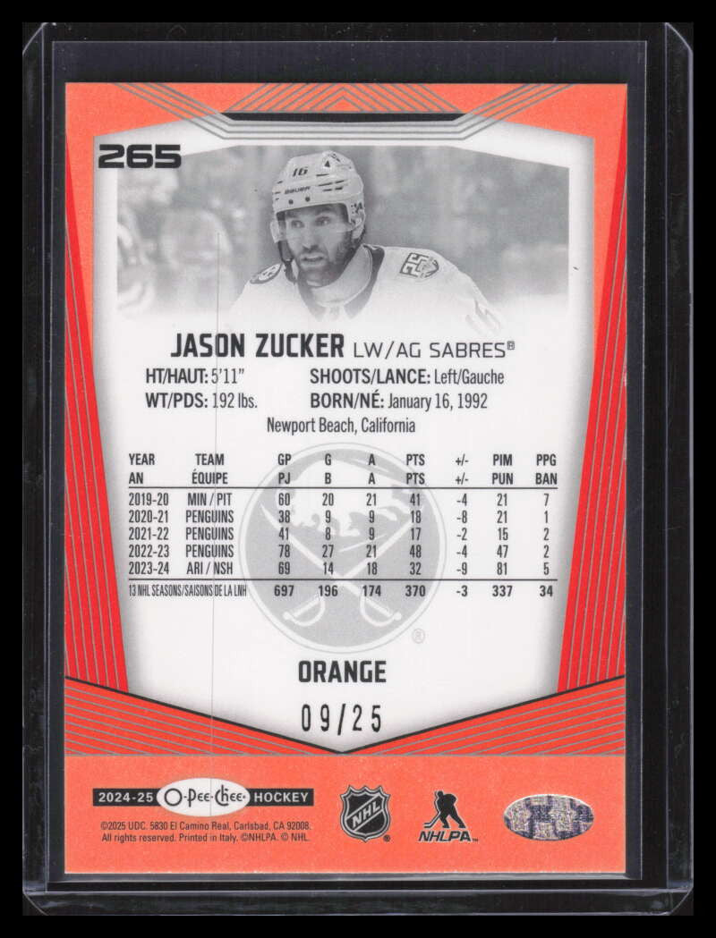2024-25 O-Pee-Chee Orange 265 Jason Zucker 9/25