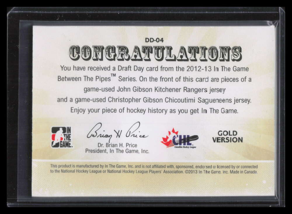 2012-13 Between the Pipes Draft Day Gold John Christopher Gibson Dual Patch /10