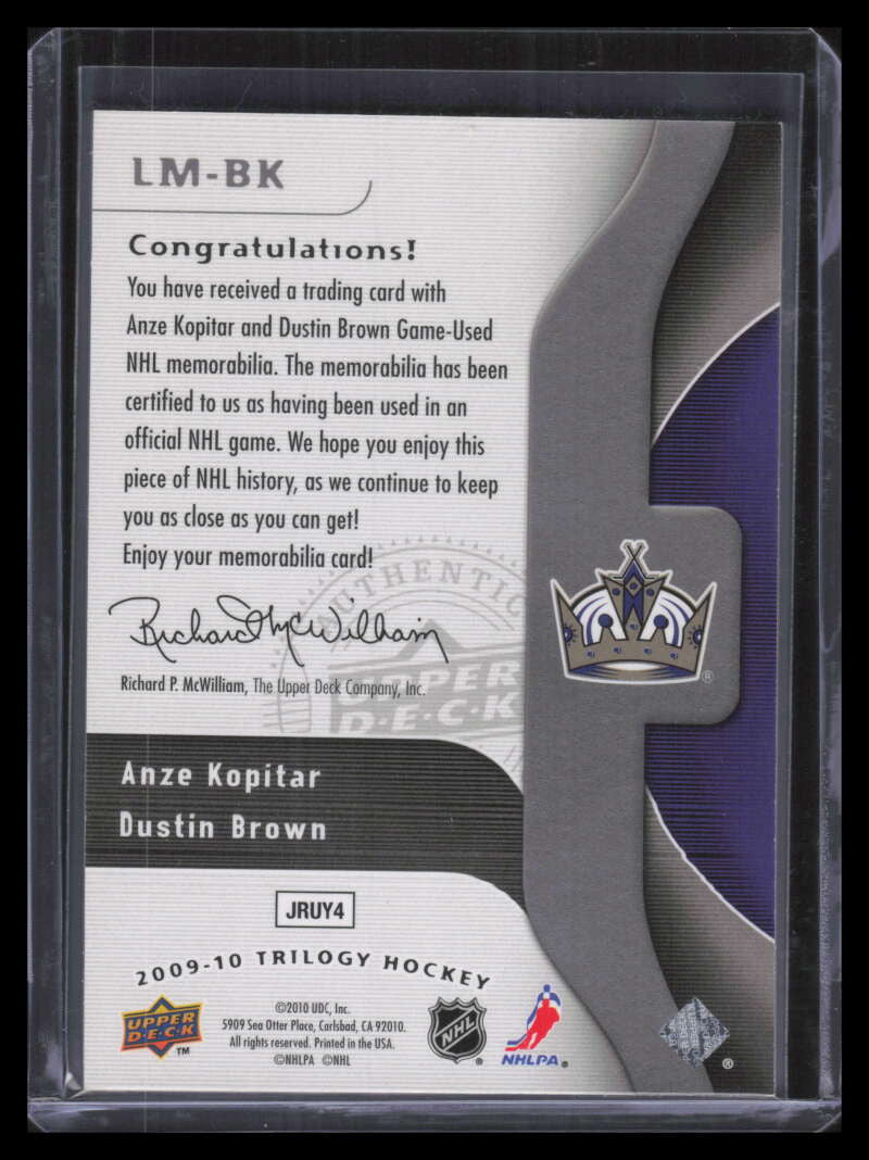 2009-10 Upper Deck Trilogy Line Mates LMBK Dustin Brown Anze Kopitar Dual Jersey