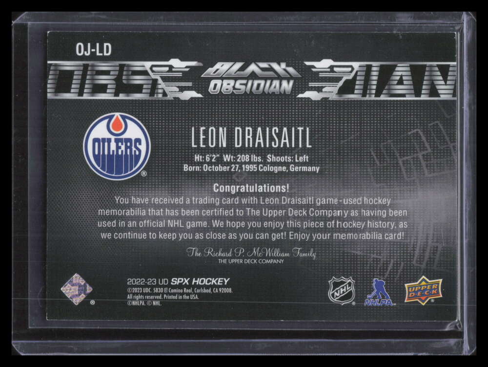 2022-23 UD Black Obsidian Jerseys OJLD Leon Draisaitl Jersey 184/399