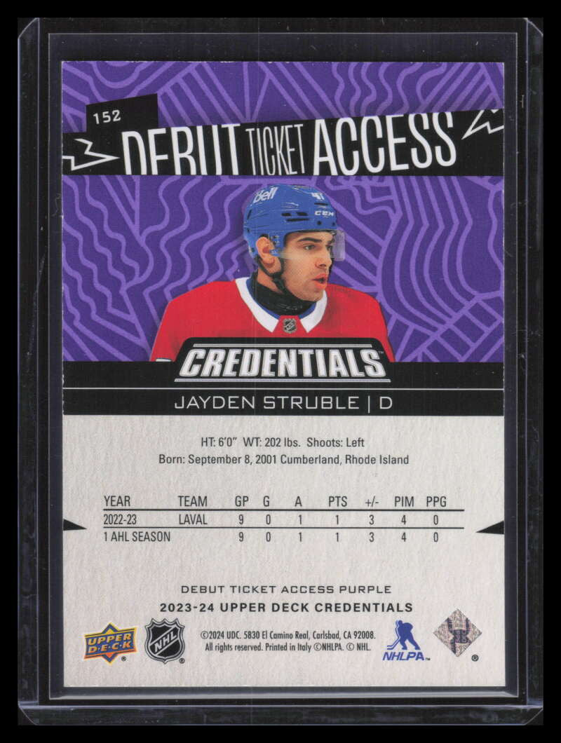 2023-24 Upper Deck Credentials Purple 152 Jayden Strubel Rookie 3/10