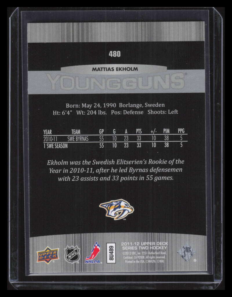 2011-12 Upper Deck 480 Mattias Ekholm Rookie YG Young Guns