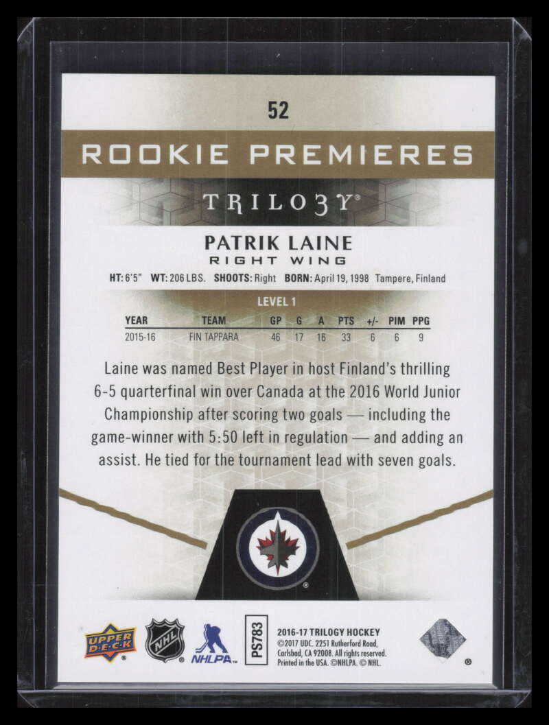 2016-17 Upper Deck Trilogy 52 Patrik Laine Rookie 659/999