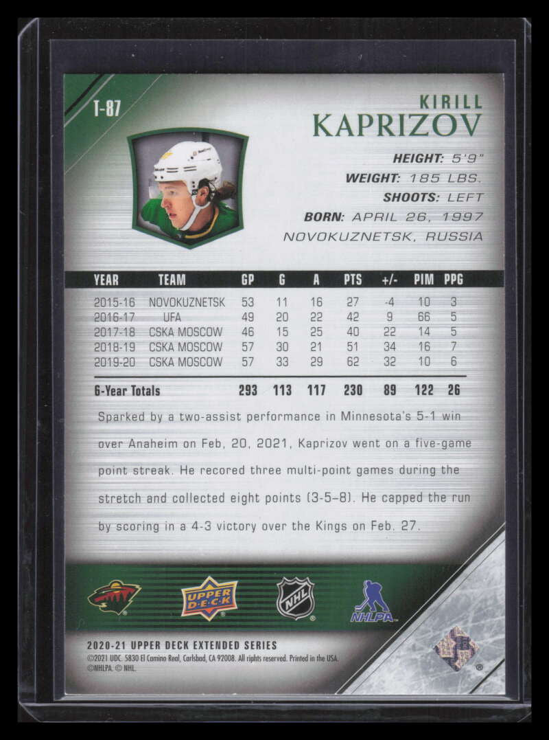 2020-21 Upper Deck '05-06 UD Tribute t87 Kirill Kaprizov Rookie YG Young Guns