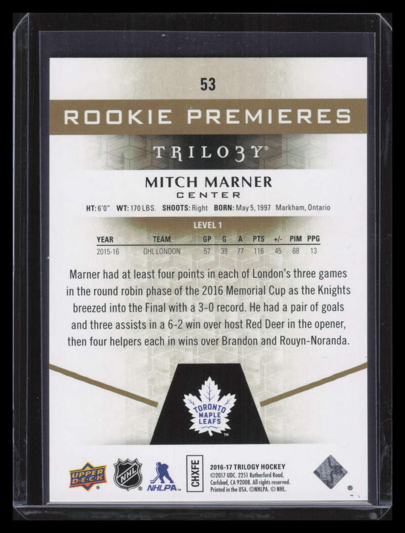 2016-17 Upper Deck Trilogy 53 Mitch Marner Rookie 793/999
