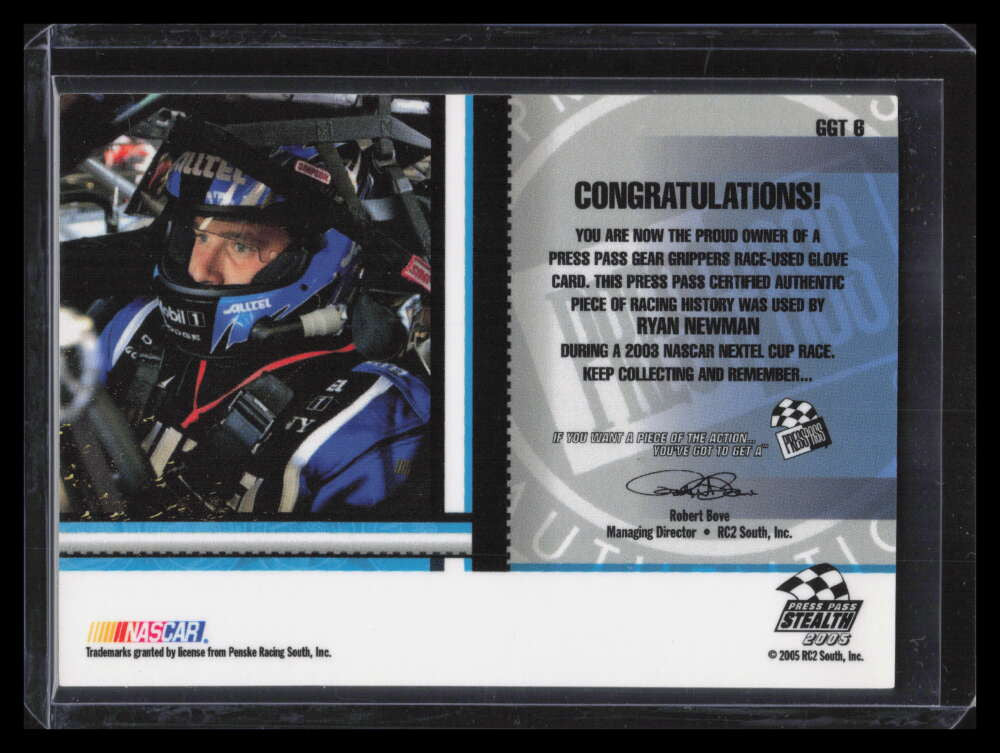 2005 Press Pass Stealth Gear Grippers Cars ggt6 Ryan Newman Glove 53/90