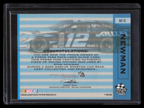 2002 Press Pass Stealth Race Used Glove Cars glc12 Ryan Newman Glove 31/85