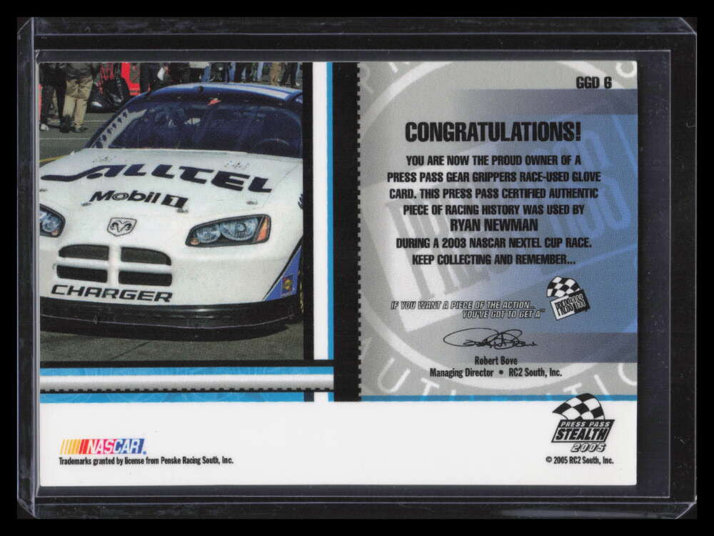 2005 Press Pass Stealth Gear Grippers Drivers ggd6 Ryan Newman Glove 65/75