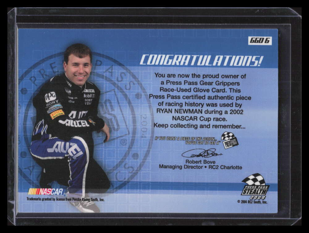 2004 Press Pass Stealth Gear Grippers Drivers ggd6 Ryan Newman Glove 52/80