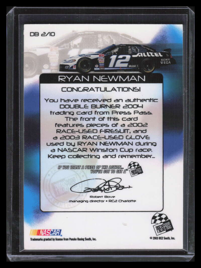 2004 Press Pass Double Burner db2 Ryan Newman Dual Glove Firesuit 52/100