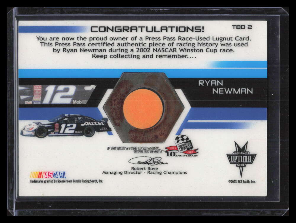 2003 Press Pass Optima Thunder Bolts Drivers tbd2 Ryan Newman Lugnut 15/60